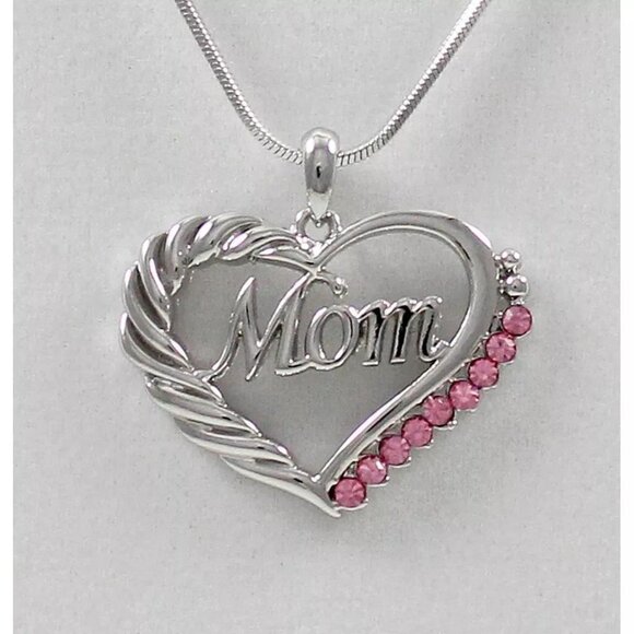 Mom‎ Heart Pendant Necklace Pink Birthstone Silver Tone Mother’s Day Gift - Picture 3 of 3